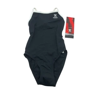 TYR Girls One Piece Swimsuit Solid Ringback Open Back Black White 26/8 - Picture 1 of 5