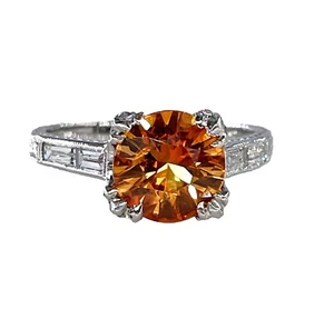 Vintage Art-Deco Style GIA 3.35ct Orange Round Sapphire Diamond Platinum Ring - Picture 1 of 22