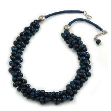 Dark Blue Cluster Wood Bead Cotton Cord Necklace - 52cm L/ 4cm Ext