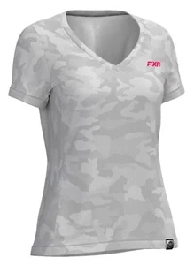 FXR Breezy UPF Womens Short Sleeve V-Neck T-Shirt Gray Camo/Razz - Picture 1 of 2