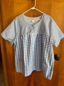Size 2X Lati Fashion Sleepwear Snap Front Top With Pockets Blue Gingham - Picture 1 of 3