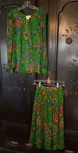 Saint Laurent Vintage Green Floral Silk Blouse and Wool Skirt Set Size 36 US 6 - Picture 1 of 16