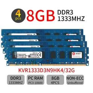 Kingston 32GB Kit 4x 8GB DDR3 1333MHz PC3-10600U 240Pin Desktop PC Memory SDRAM - Picture 1 of 6