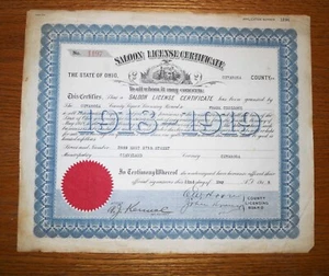 Antique Bar Saloon License Certific in Cuyahoga County Cleveland Ohio 1918 1919 - Picture 1 of 5
