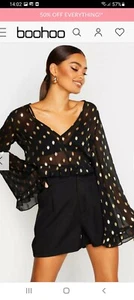 Boohoo Metalic Spotty Bell Sleeve Top Size 12 - Picture 1 of 5