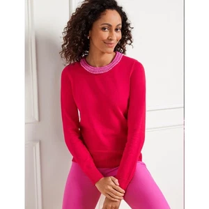 Talbots Womens Red Crew Neck Sweater Pink Beaded Collar Long Sleeve Size L Artsy - Picture 1 of 10