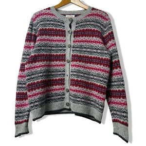 Brora Wool Fair Isle Cardigan 14 16 Pink Red Grey See Description - Picture 1 of 11