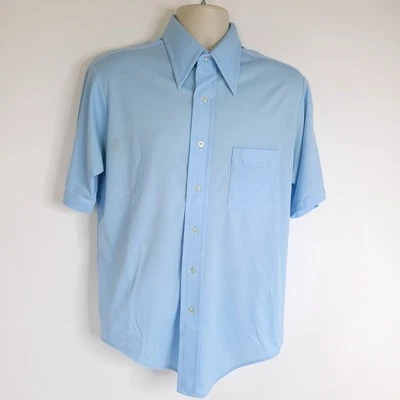 VTG 70s Shirt Dagger Collar Button Up Mens 16.5 Blue Disco Van Heusen Vanknit - Image 1 of 4