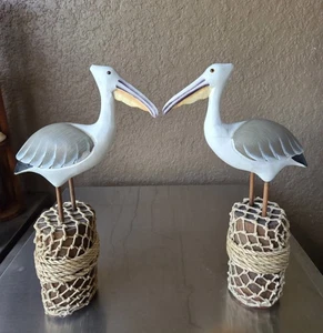 2 Gorgeous Wooden Pelican On Pier Handcarved & Handpainted  13" Tall Each - Picture 1 of 20