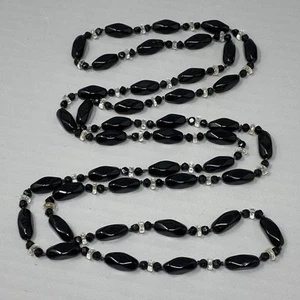 Black Glass Beaded Necklace Flapper Station Mini Clear Spacers Endless Vtg 58" - Picture 1 of 9