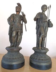 Pair Antique Spelter Cast Metal Medieval Knight Statue Figurines