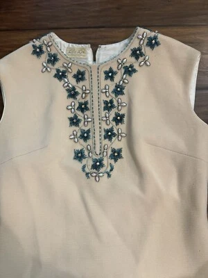 1960s Lily Lee Cream Sheath Dress Rhinestones Green Beaded Shift Size 8 - Image 1 of 4