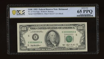 DBR 1993 $100 FRN Richmond Gem Fr. 2174-E PCGS-B 65 PPQ Serial E05988853A - Image 1 of 2