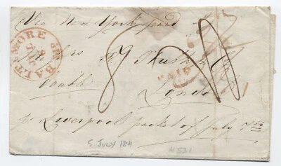 1841 Baltimore MD red CDS stampless freight money letter to England [6526.183] - Image 1 of 3