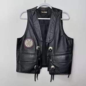 Vintage Native American Hand Painted Black Leather Vest Satin Lined Adult Medium - Picture 1 of 13