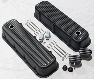 Big Block Chevy Black Aluminum Tall Finned Valve Covers + Breather & PCV BBC - Picture 1 of 9