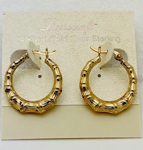 DaneCraft 24KT Gold Over 925 Sterling Silver Bamboo Hoop Pierced Earrings - Picture 1 of 5