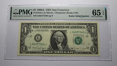 $1 1988 Radar Serial Number Federal Reserve Currency Bank Note Bill PMG UNC65EPQ - Image 1 of 3