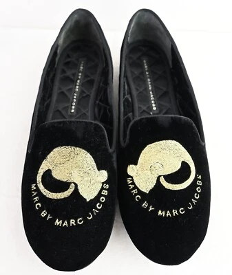Zapatos planos de ballet de terciopelo bordado Marc by Marc Jacobs en negro/oro talla EU40/US9 Foto 1 de 4