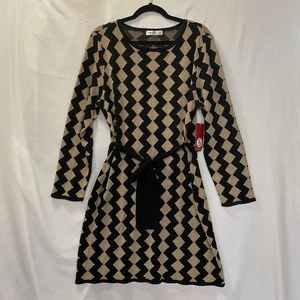 89Th & Madison NWT Women's Sweater Dress XL Long Sleeve Gold & Black Zig Zag - Picture 1 of 12