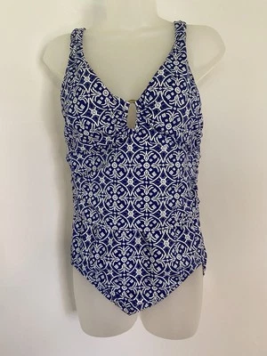 Lands End One Piece Fauxkini Swimsuit 10 Bathing Suit Blue White Geometric NWOT - Image 1 of 4