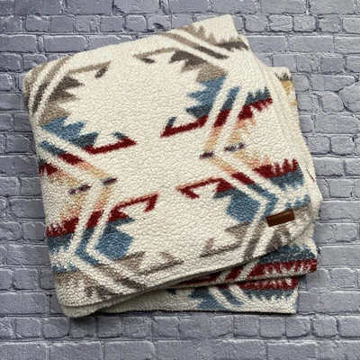 Pendleton White Sands Southwest Aztec Cream Red Blue Sherpa Fleece Blanket - Image 1 of 4