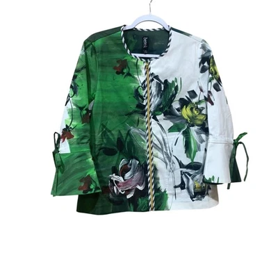 Chaqueta Berek Mujer Mediana Verde Blanca Floral Cremallera Manga Campana Tela Italiana Foto 1 de 4