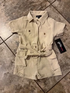 Girls Crepe Knit Tie Waist Belted Utility Romper - Stone Size 4T - Picture 1 of 10