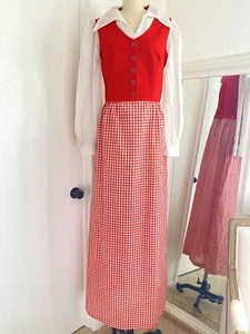 Vintage 70s Red Gingham Long Maxi Floor Gown Oversized Collar Boho Cottage Core - Picture 1 of 7