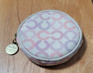 Coach Waverly Signature Op Art Round Change Purse Coin Case Cream / Pink