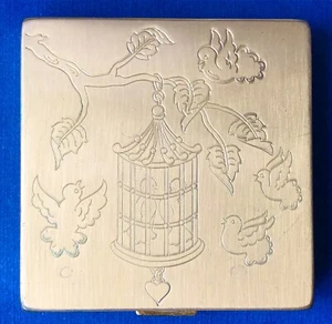 Vintage LOVE BIRDS IN A CAGE Dandling Heart goldfarben Damen Make-up kompakt - Bild 1 von 7