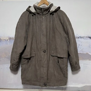 Vtg FORECASTER of BOSTON Hooded Parka Womens L Microsuede Brown Chore Coat Lined - Picture 1 of 23