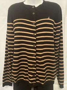 Nautica Sweater Size Large Women’s Cardigan Button Up Black and Brown Stripes - Picture 1 of 6