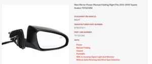Power Mirror For 2013-2018 Toyota Avalon Passenger Side Heated TO1321292 - Picture 1 of 3