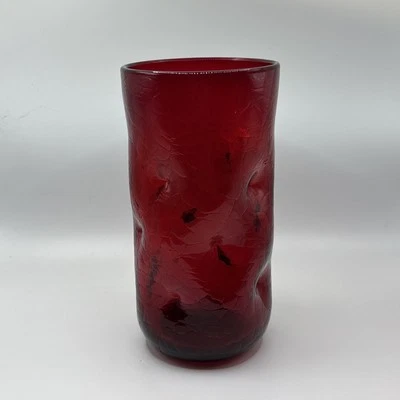 Blenko Ruby Red 6" Crackled  Pinch Dimple Drinking Glass 16 oz MCM Vintage - Image 1 of 4