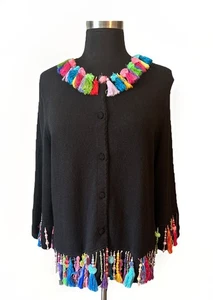 Vintage Michael Simon Beaded Tassel Bright Multi-Color Cardigan Sweater Large - Picture 1 of 8