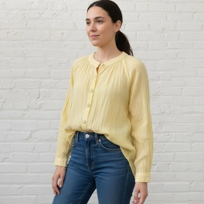 Túnica de piel talla 2 gasa transparente algodón botón frontal camisa amarilla de gran tamaño Foto 1 de 4