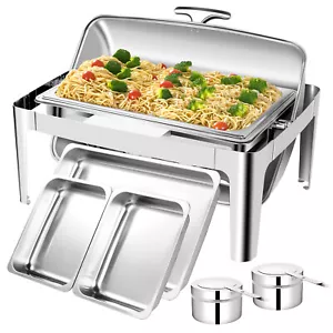 Roll Top Chafing Dish Buffet Set Food Warmer Rectangle Stainless Steel Chafer - Picture 1 of 7