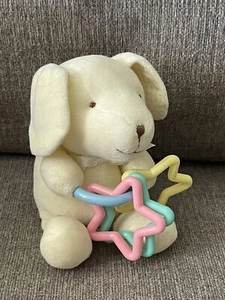 Vintage Carter's Just One Year 7” Yellow Plush Puppy Dog Toy Rattle Rings Lovey - Picture 1 of 3