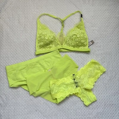 NUEVO CON ETIQUETAS Victorias Secret Juego de 3 piezas Bralette de encaje con cierre frontal S Bragas XS Amarillo Neón Foto 1 de 4