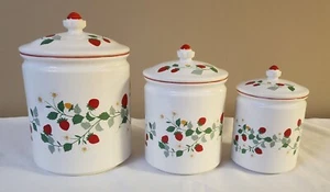 Vintage Kitchen Canister Set of 3 Strawberry Ceramic Japan White Red Green Retro - Picture 1 of 13