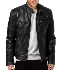 Men's SWORD Black Genuine Lambskin Leather Biker Jacket - ZH - Picture 1 of 4