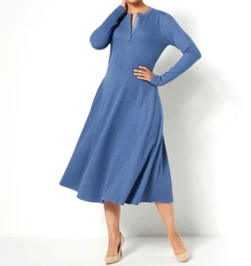 Encore by Idina Menzel Cozy Rib Henley Swing Dress - Heather DENIM BLUE, Small - Picture 1 of 1