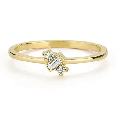 Dainty Gold and Diamond Ring - 14K Solid Gold and Baguette Diamond Ring - - Image 1 of 4