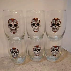 LOT OF 6 DAY OF THE DEATH HALLOWEEN SUGAR SKULLS STEMLESS WINE GLASSES 15oz NEW - Picture 1 of 3