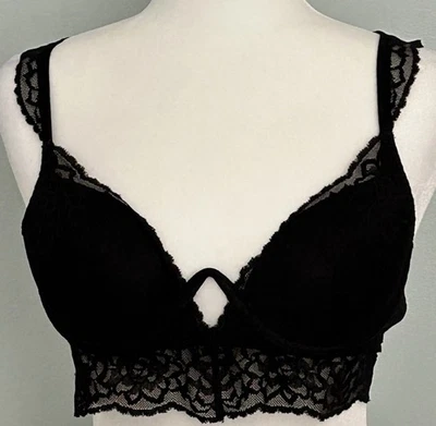 PINK black lace lightly padded black bra top with lace detail and racer back 34C - Image 1 of 2