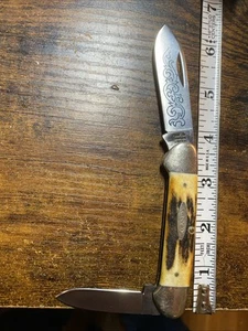 Vintage Case XX Stainless USA 3 Dot 1977 Stag 52131 SSP Blue Scroll Canoe Knife - Picture 1 of 11