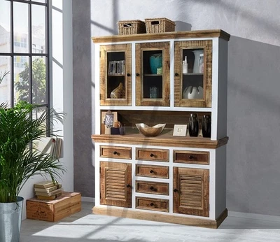 Buffet Schrank Vitrine 145x200cm Massivholz Mango weiß natur NEU OVP!!! - Bild 1 von 4