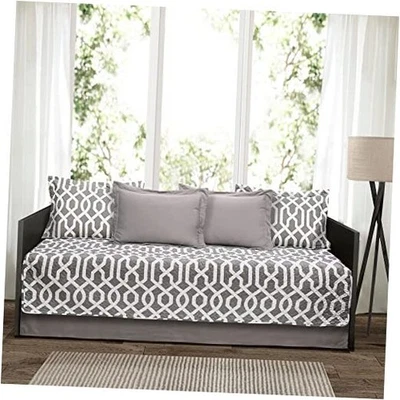  Juego de funda de cama de día Edward con estampado de enrejado de 6 piezas incluye falda de cama, gris Foto 1 de 4