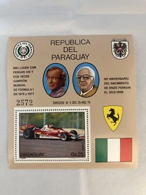 Niki Lauda Enzo Ferrari RARE - NUMBERED Mint Stamp Souvenir Sheet 1978 Paraguay - Image 1 of 2